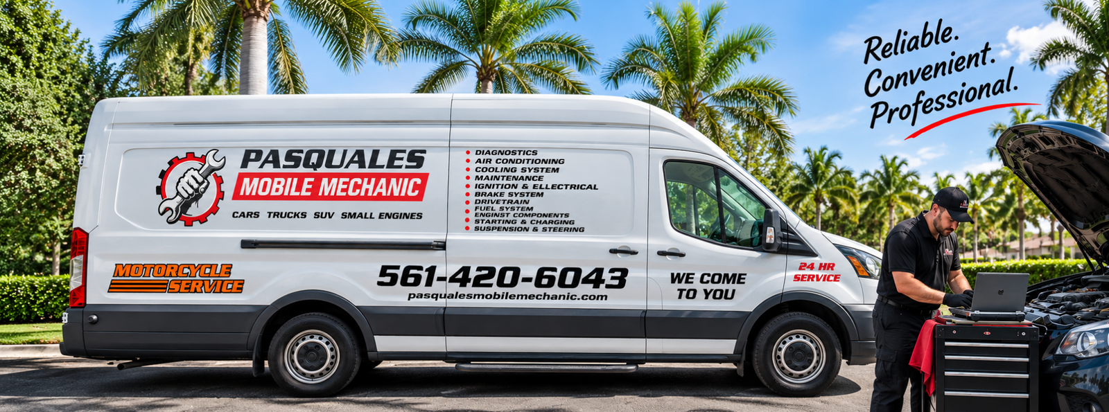 Pasquales Mobile Mechanic service van and mechanic in a Florida setting